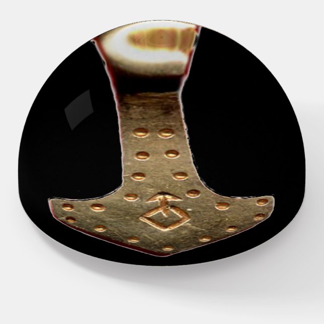 Gold Thor Hammer black glass dome paperweight (Angled)