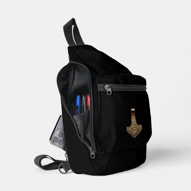 Gold Thor Hammer black sling bag backpack (Open)