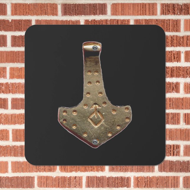 Gold Thor Hammer black square metal sign (In Situ(Brick))