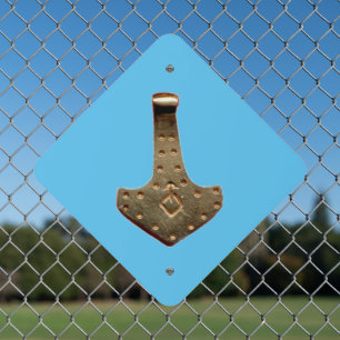 Gold Thor Hammer blue diamond metal sign