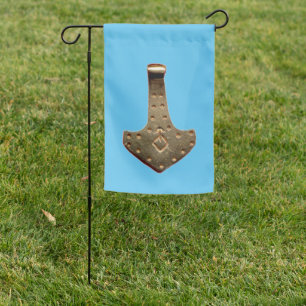 Gold Thor Hammer blue garden flag
