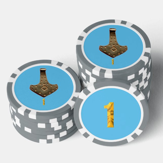 Gold Thor Hammer blue gray 1 striped poker chip (Stack)