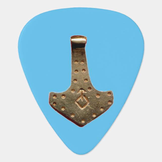 Gold Thor Hammer blue guitar pick (Front)
