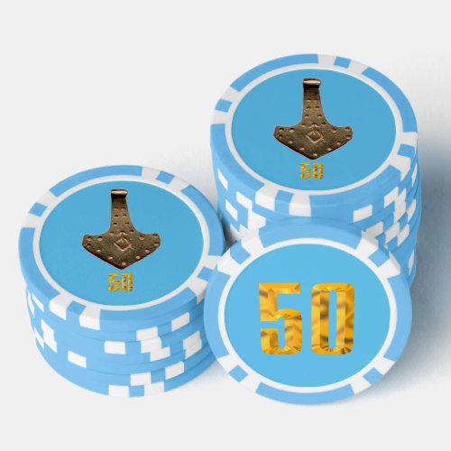 Gold Thor Hammer blue lblue 50 striped poker chip