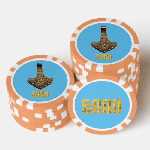 Gold Thor Hammer blue orange 5K striped poker chip