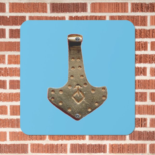 Gold Thor Hammer blue square metal sign (In Situ(Brick))
