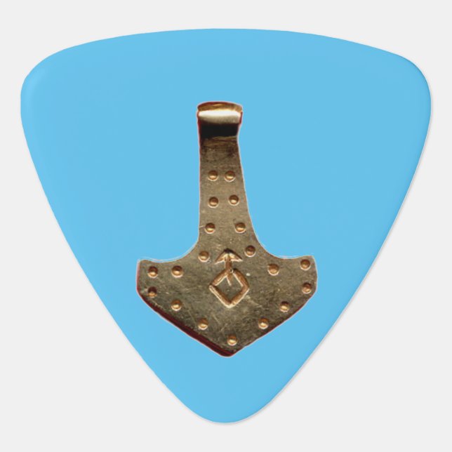 Gold Thor Hammer blue triangle guitar pick (Front)