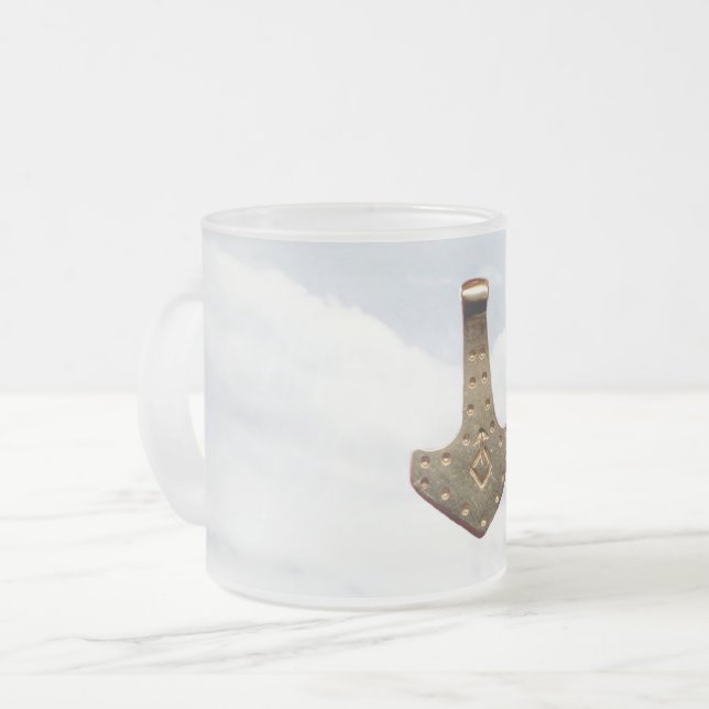 Gold Thor Hammer clouds frosted glass mug (Front Left)