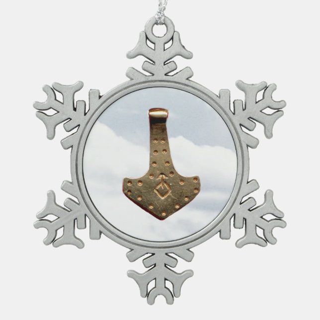 Gold Thor Hammer pewter snowflake ornament (Front)