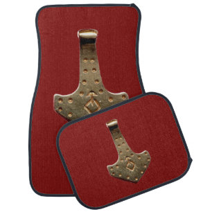 Gold Thor Hammer red car mats front and rear