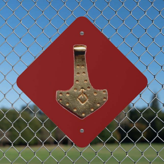 Gold Thor Hammer red diamond metal sign (In Situ(Fence))