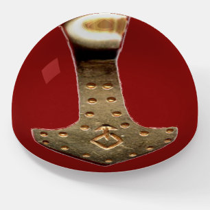 Gold Thor Hammer red glass dome paperweight