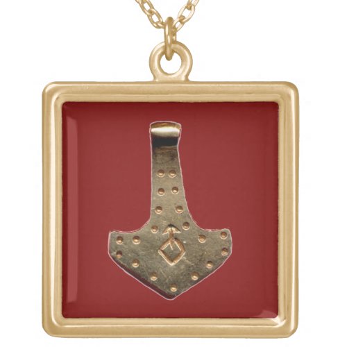 Gold Thor hammer red gold plated square necklace