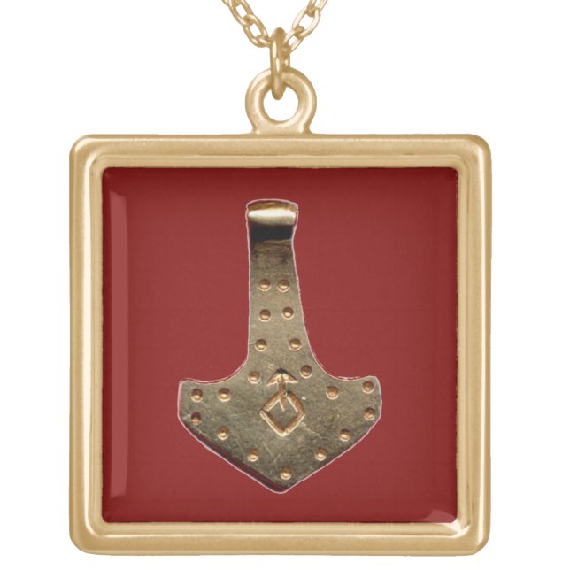 Gold Thor hammer red gold plated square necklace (Front)