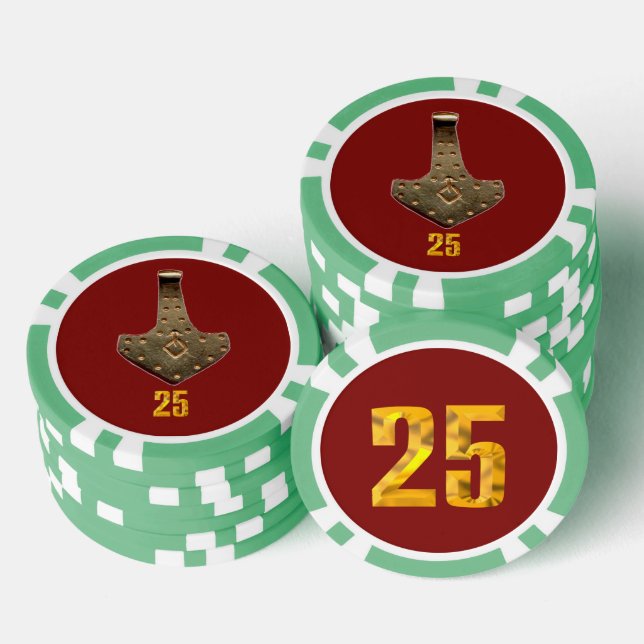 Gold Thor Hammer red green 25 striped poker chip (Stack)