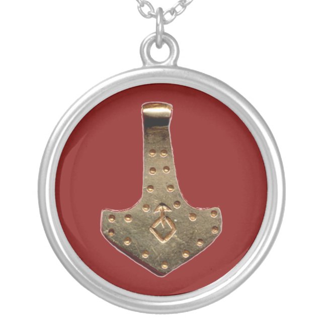 Gold Thor hammer red silver plated necklace (Front)