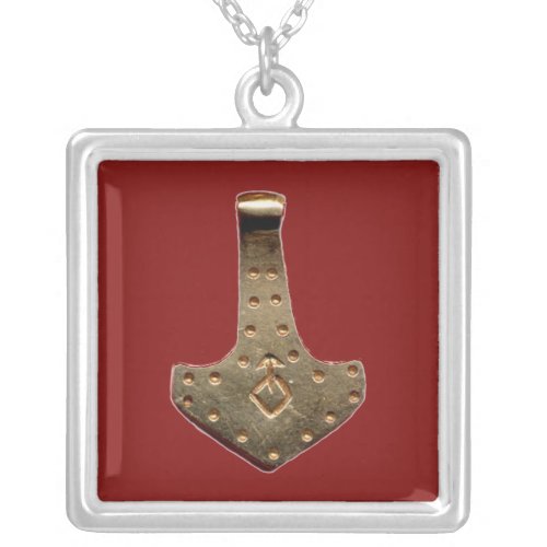 Gold Thor hammer red silver plated square necklace
