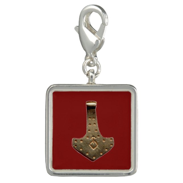 Gold Thor Hammer red sterling silver charm (Front)