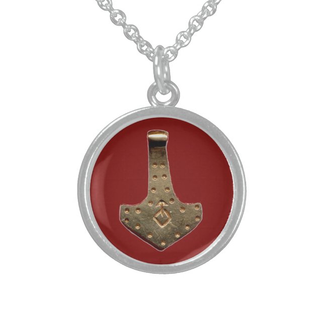 Gold Thor hammer red sterling silver necklace (Front)