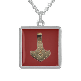 Gold Thor hammer red sterling silver sq necklace