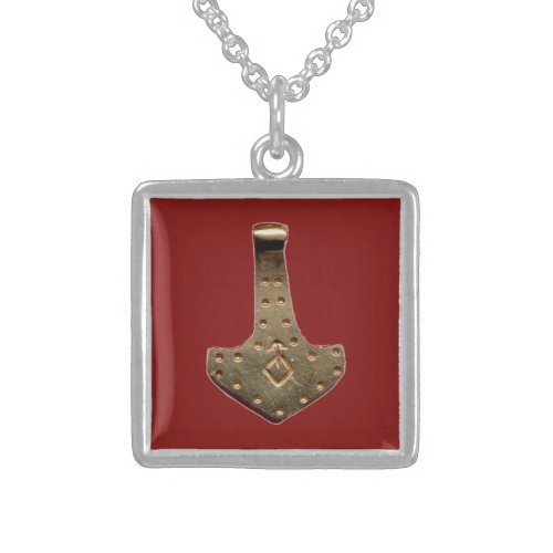 Gold Thor hammer red sterling silver sq necklace