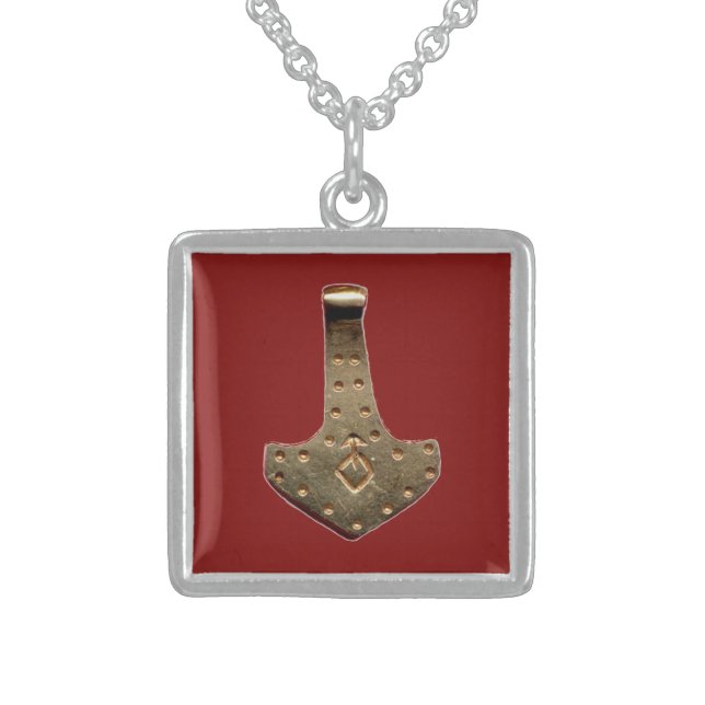 Gold Thor hammer red sterling silver sq necklace (Front)