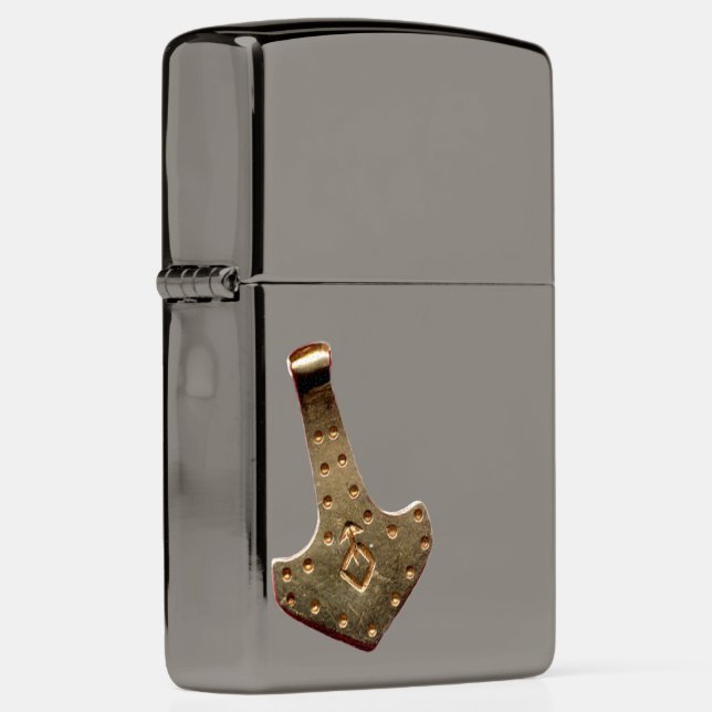 Gold Thor Hammer resting black ice Zippo Lighter (Right)