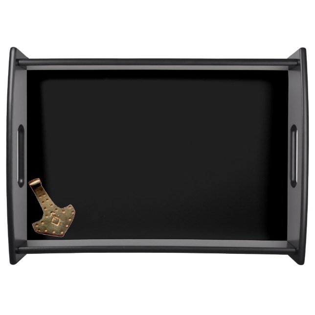 Gold Thor Hammer resting black serving tray large (Front)