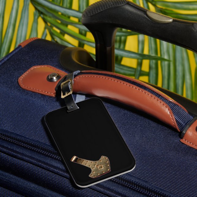 Gold Thor Hammer tilted black luggage tag (Front Insitu 1)