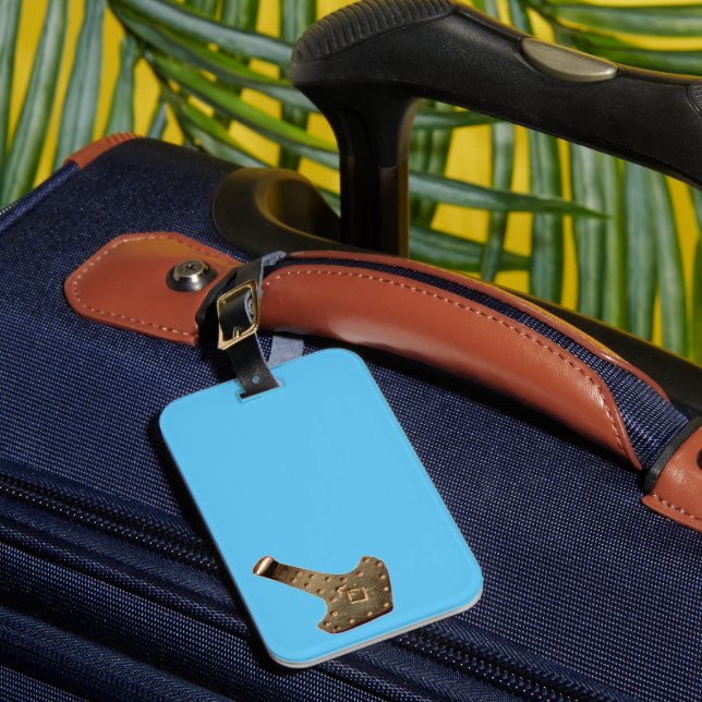 Gold Thor Hammer tilted blue luggage tag (Front Insitu 1)