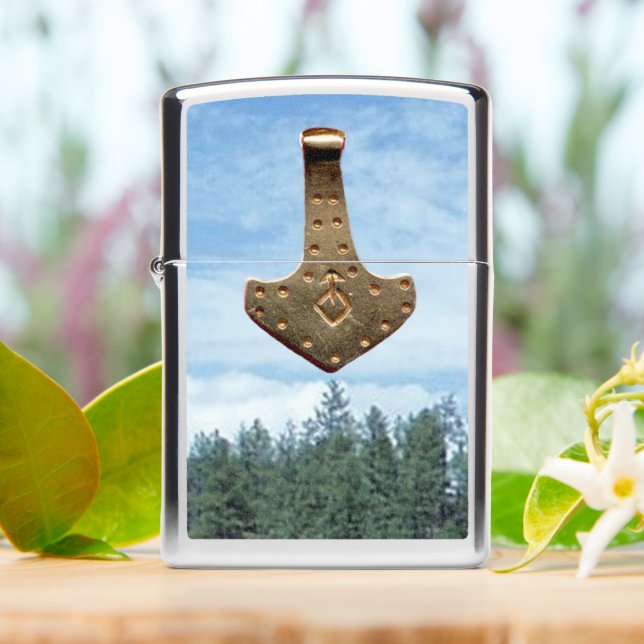Gold Thor Hammer trees Zippo lighter (On Table)