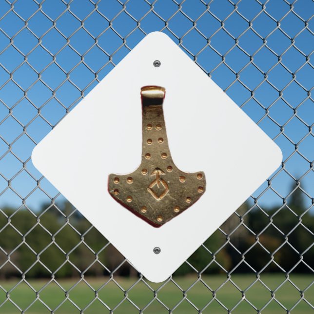Gold Thor Hammer white diamond metal sign (In Situ(Fence))