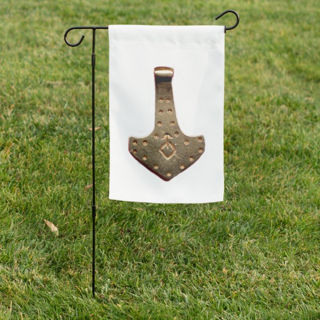 Gold Thor Hammer white garden flag (In SItu)