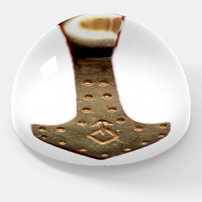 Gold Thor Hammer white glass dome paperweight (Angled)
