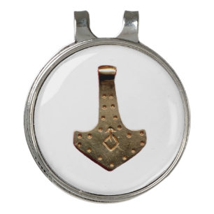 Gold Thor Hammer white golf hat clip ball marker