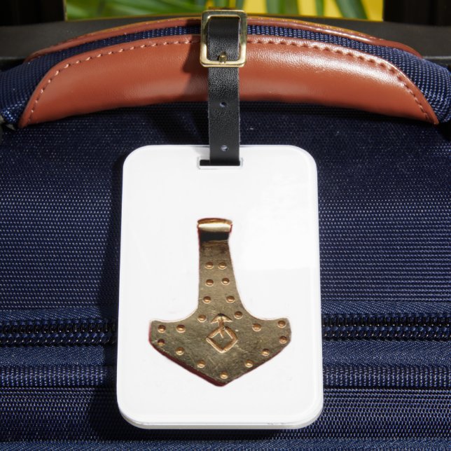 Gold Thor Hammer white luggage tag (Front Insitu 2)