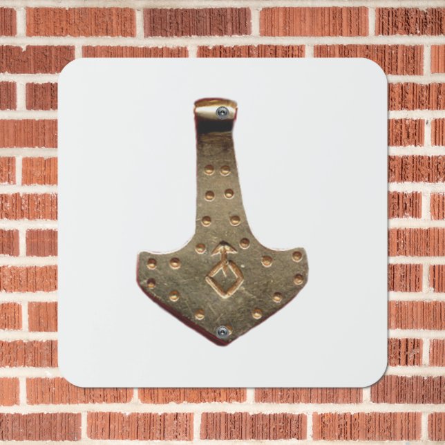 Gold Thor Hammer white square metal sign (In Situ(Brick))