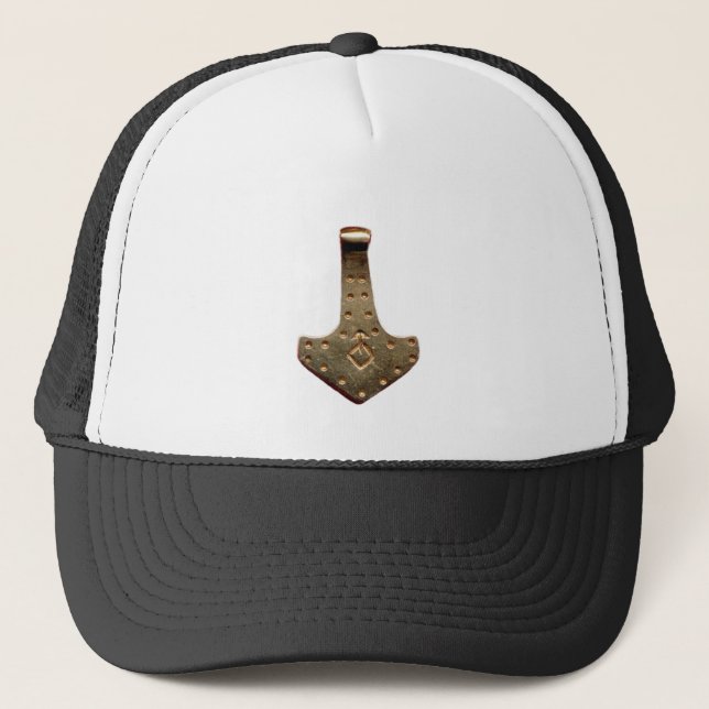Gold Thor's Hammer black and white trucker hat (Front)