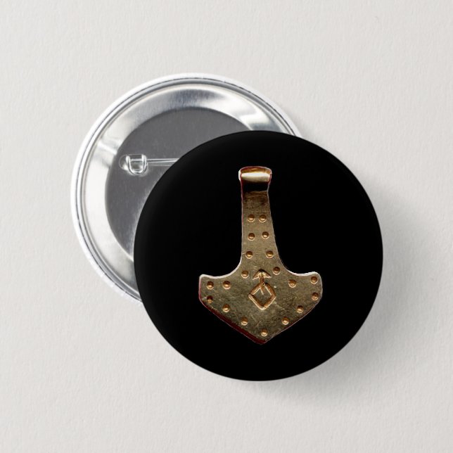 Gold Thor's Hammer black round button (Front & Back)