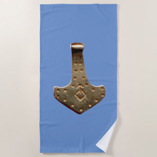 Gold Thor's Hammer blue beach towel