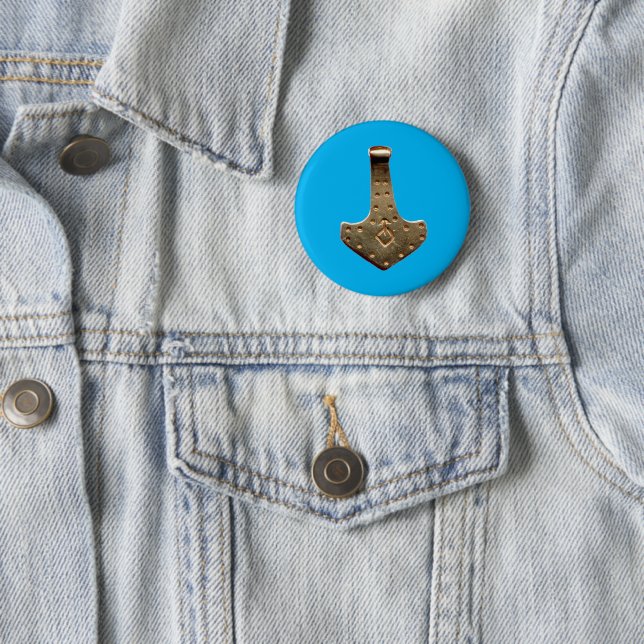 Gold Thor's Hammer blue round button (In Situ)