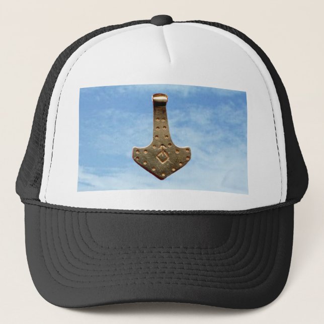 Gold Thor's Hammer clouds black white trucker hat (Front)