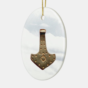 Gold Thor's Hammer clouds oval ceramic ornament