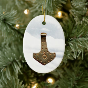Gold Thor's Hammer clouds oval ceramic ornament