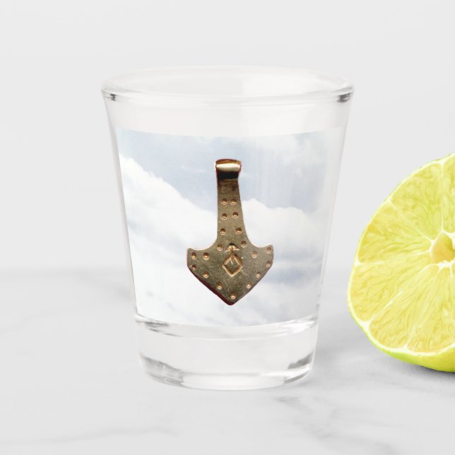 Gold Thor's Hammer clouds shot glass (Front)