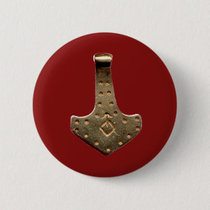 Gold Thor's Hammer red round button