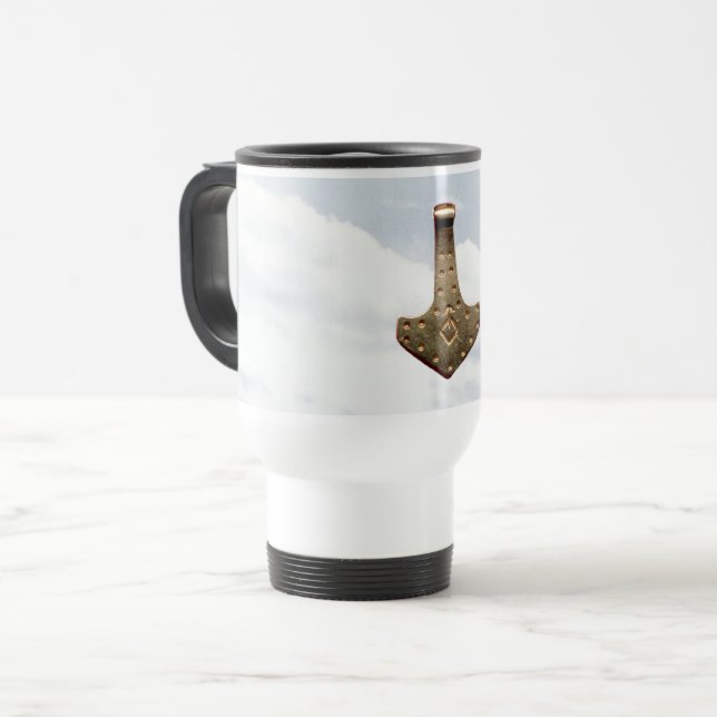 Gold Thor's Hammer travel commuter mug (Front Left)