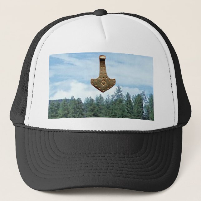 Gold Thor's Hammer trees black white trucker hat (Front)