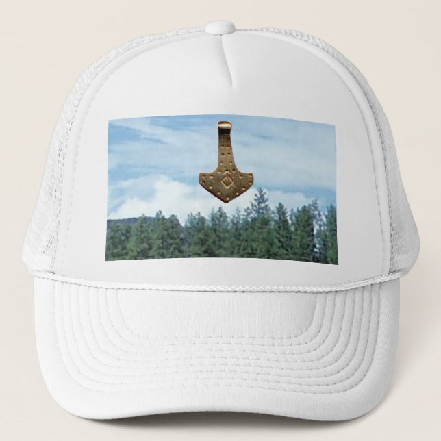 Gold Thor's Hammer trees white foam trucker hat (Front)