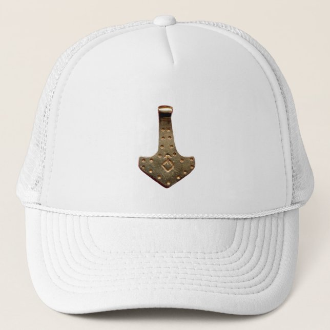 Gold Thor's Hammer white foam trucker hat (Front)